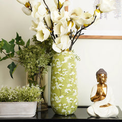 Green and White Floral Print Ceramic Vase - Large