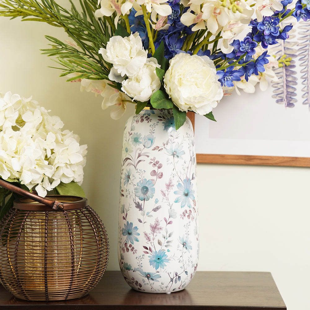 White and Blue Floral Print Ceramic Vase - Large