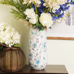 White and Blue Floral Print Ceramic Vase - Large