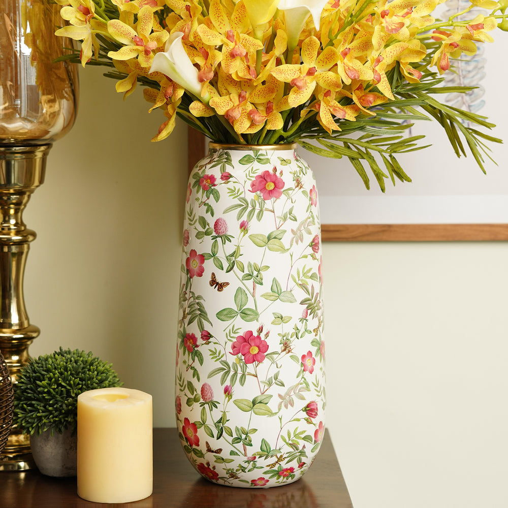 White Floral Print Ceramic Vase - Large