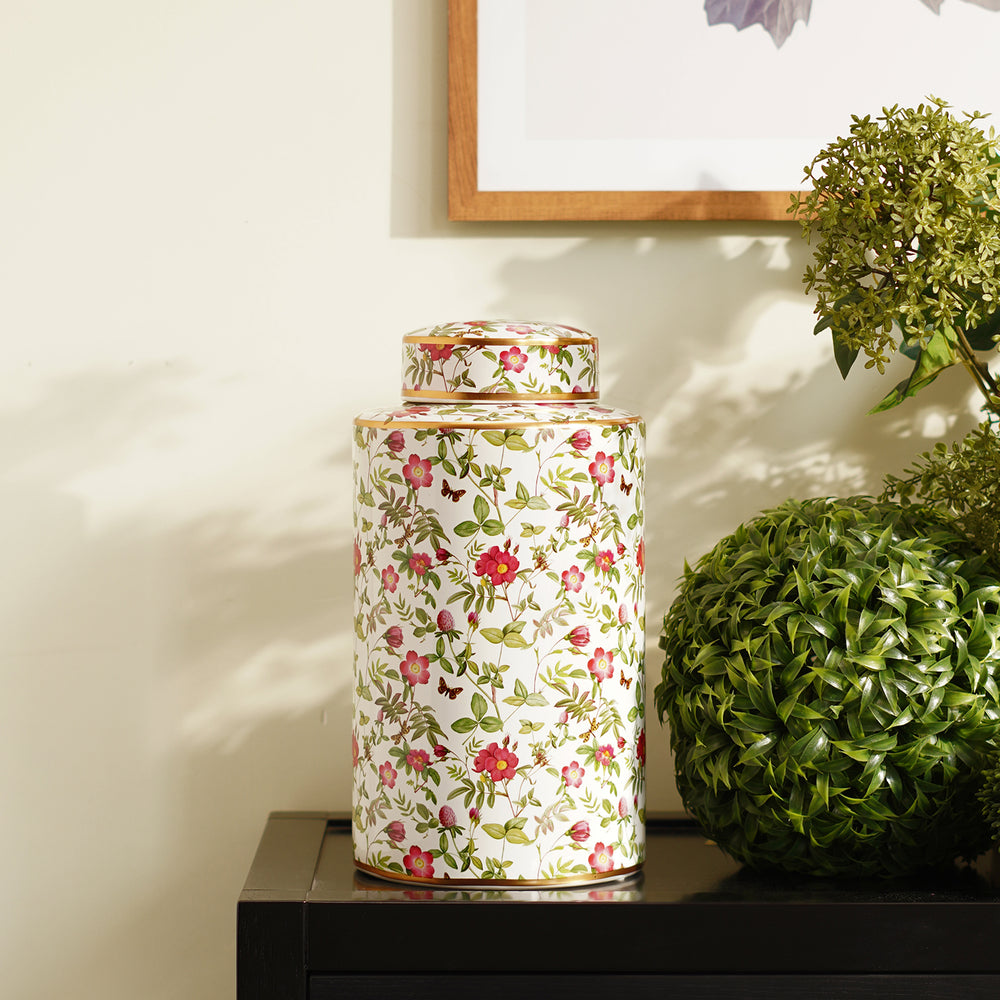 White Floral Print Ceramic Canister - Large