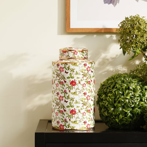 White Floral Print Ceramic Canister - Large