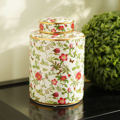 White Floral Print Ceramic Canister - Small