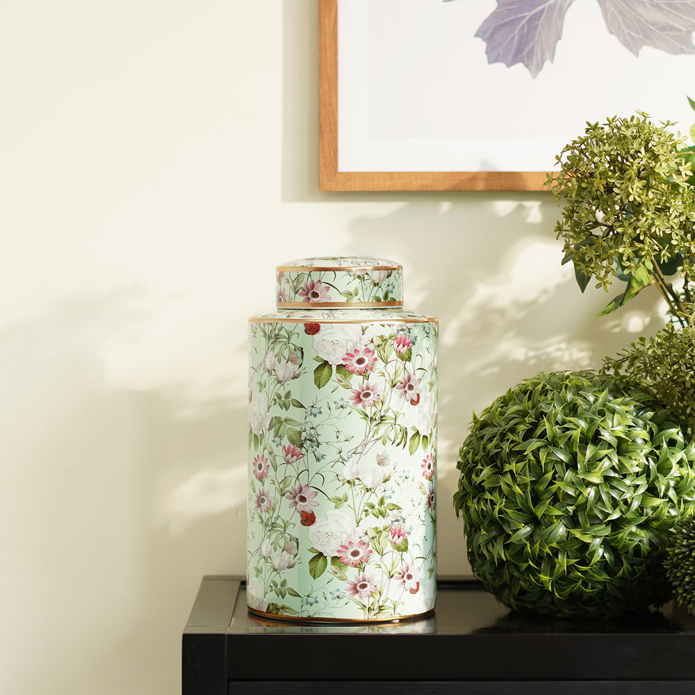 Green Floral Print Ceramic Canister - Large
