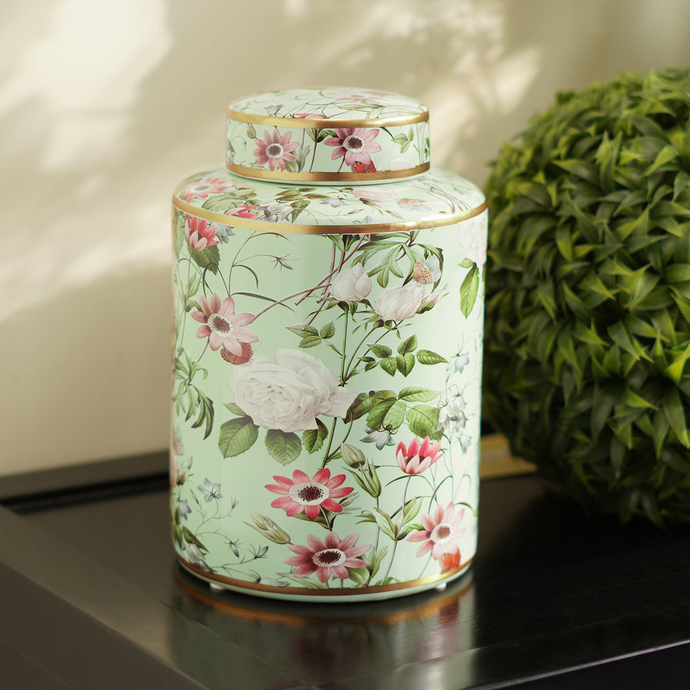 Green Floral Print Ceramic Canister - Small