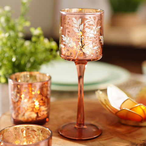 Pink Floral Pattern Glass Stem Candle Holder - Small