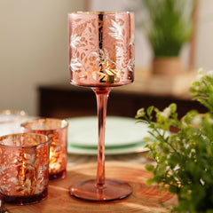Pink Floral Pattern Glass Stem Candle Holder - Large