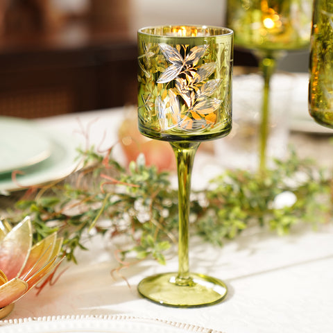 Green Floral Pattern Glass Stem Candle Holder - Small