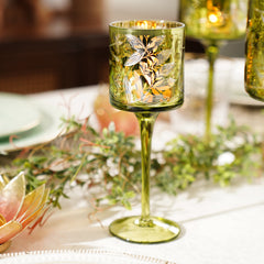 Green Floral Pattern Glass Stem Candle Holder - Small