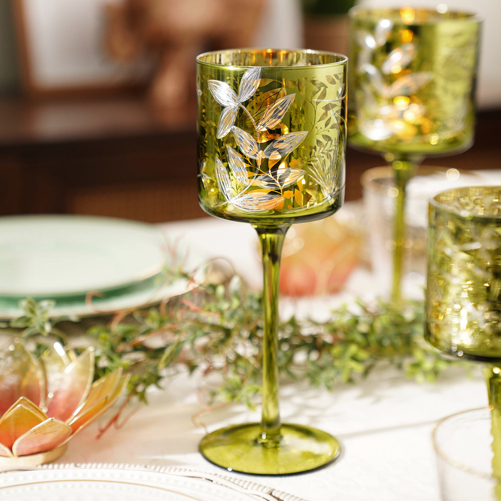 Green Floral Pattern Glass Stem Candle Holder - Large