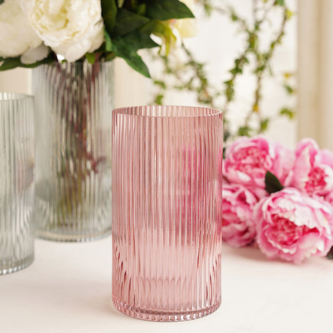 Pink Ribbed Straight Glass Vase - Small