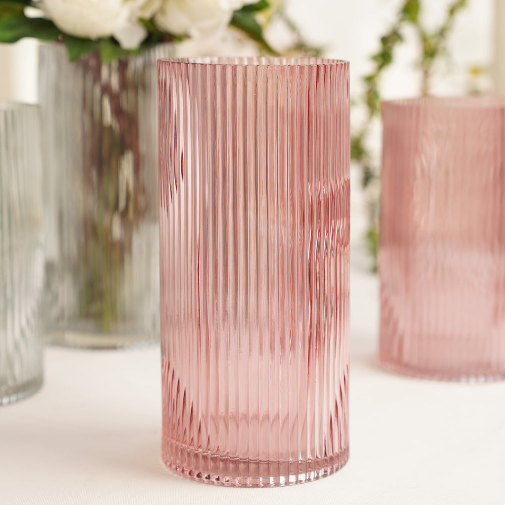 Pink Ribbed Straight Glass Vase - Large