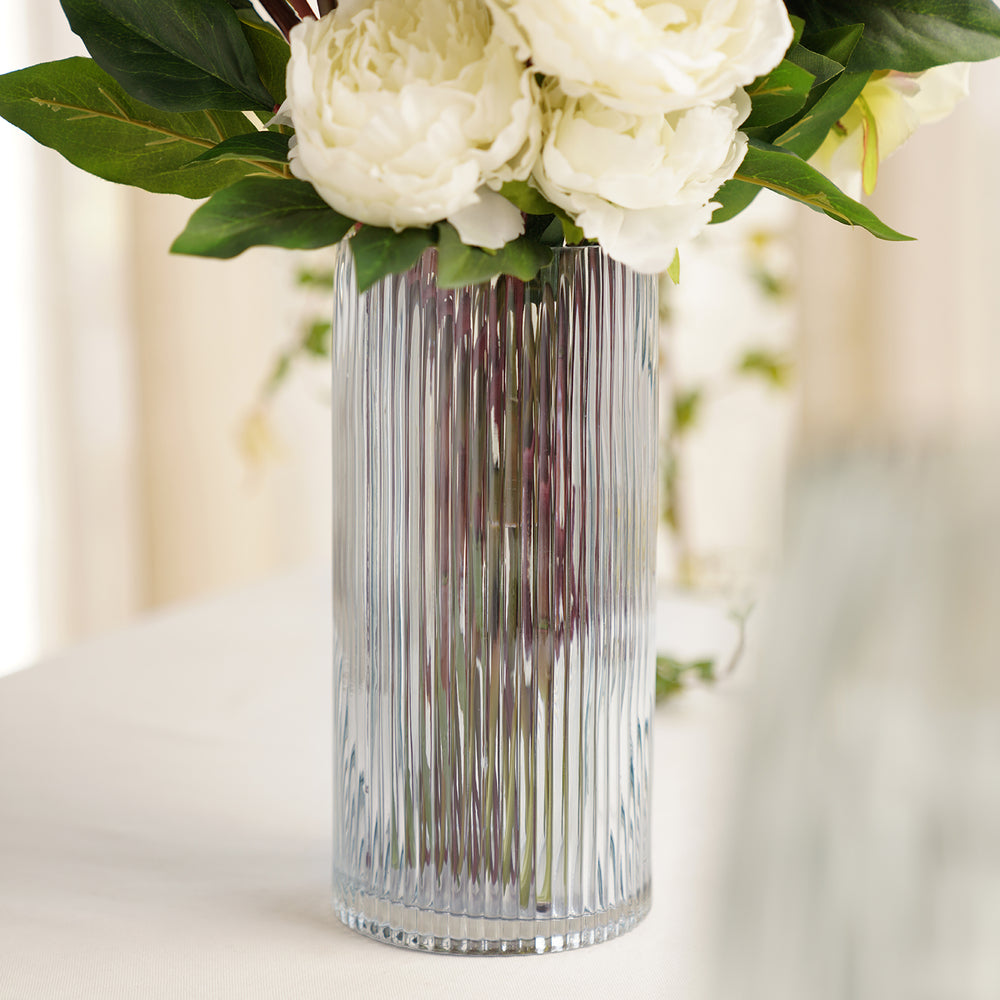 Blue Ribbed Straight Glass Vase - Large