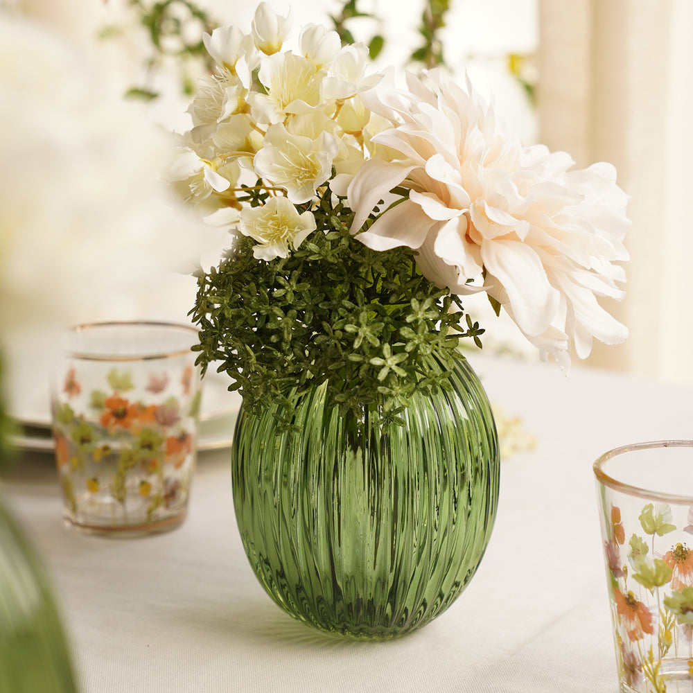 Green Ribbed Round Glass Vase - Small