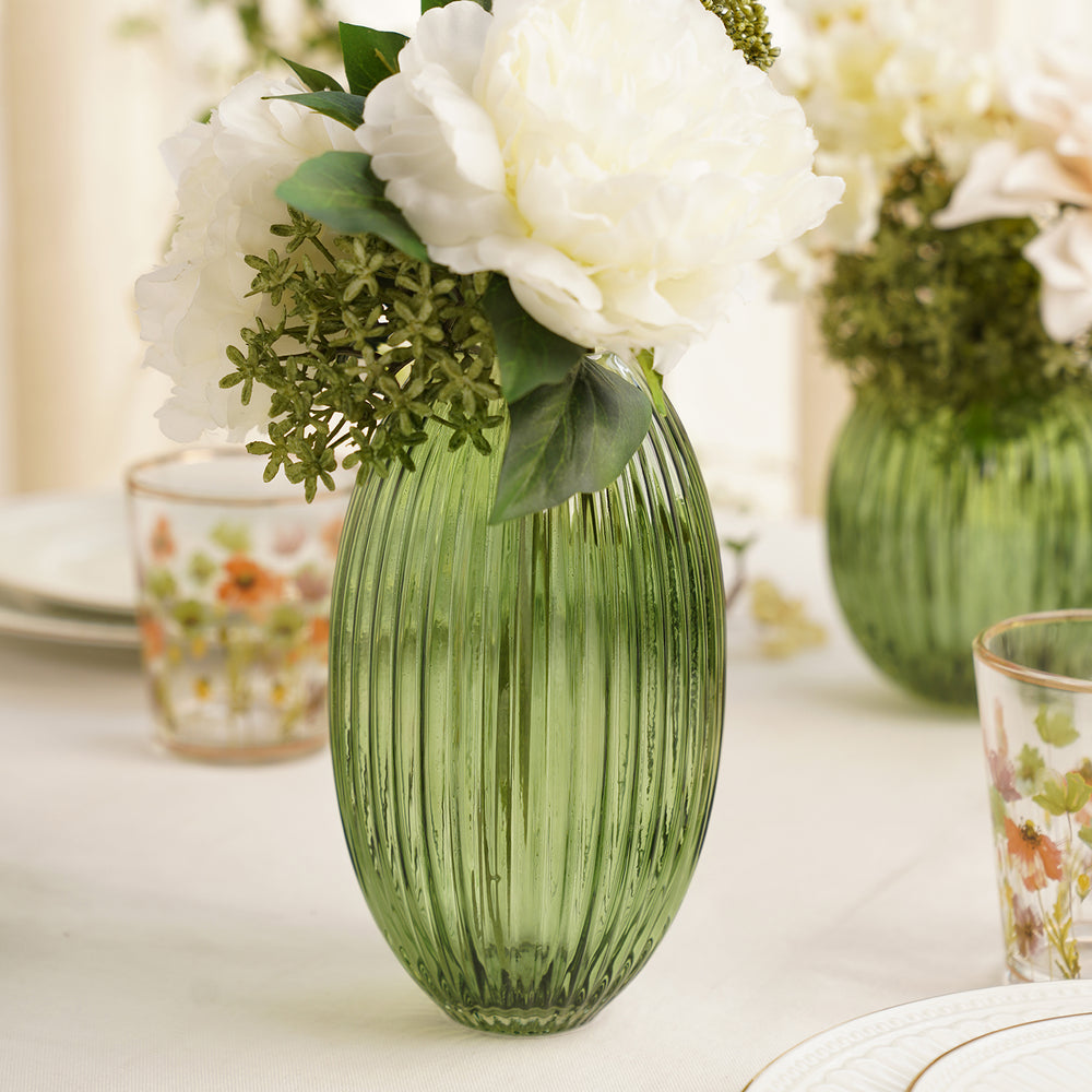 Green Ribbed Round Glass Vase - Large