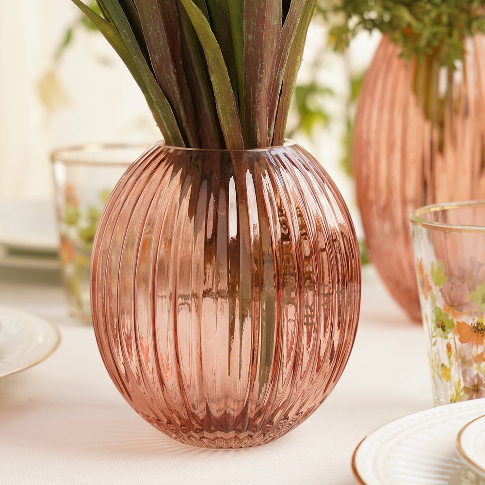 Pink Ribbed Round Glass Vase - Small