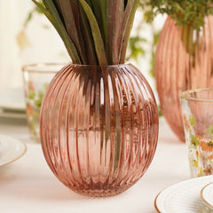 Pink Ribbed Round Glass Vase - Small
