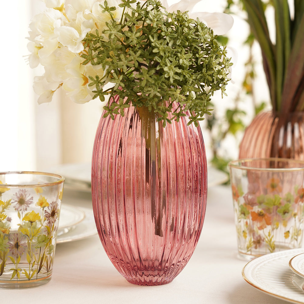 Pink Ribbed Round Glass Vase - Large