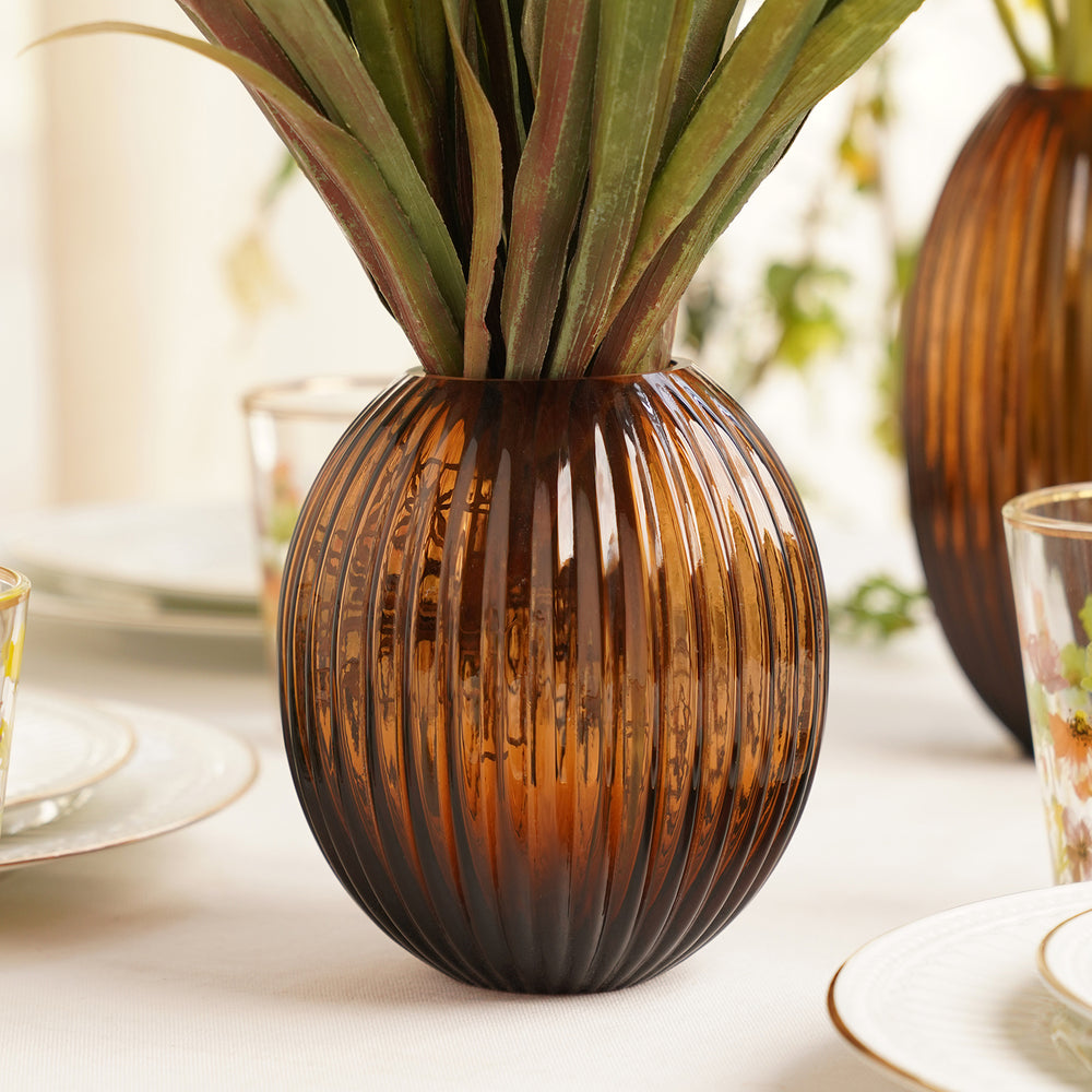 Brown Ribbed Round Glass Vase - Small