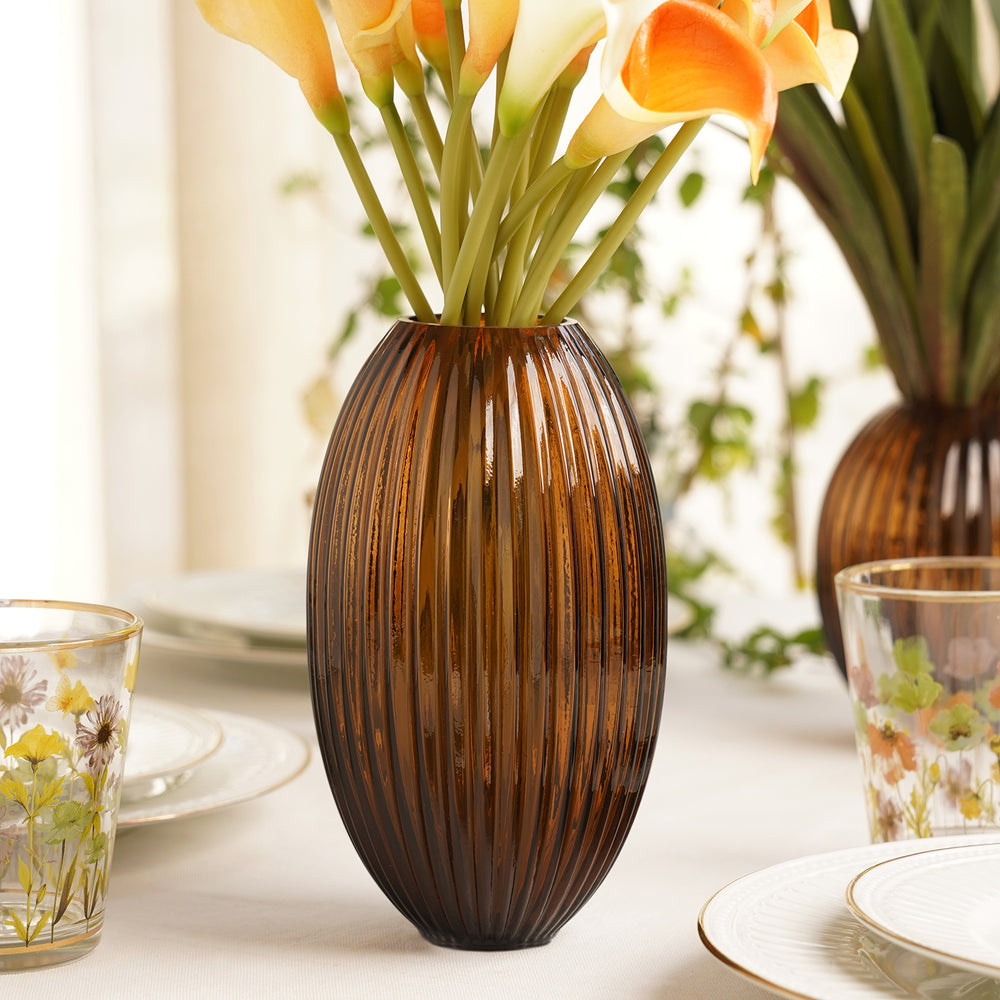 Brown Ribbed Round Glass Vase - Large