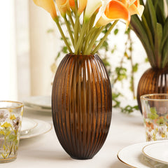 Brown Ribbed Round Glass Vase - Large