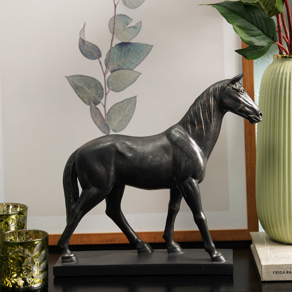 Black Polyresin Walking Horse Figurine