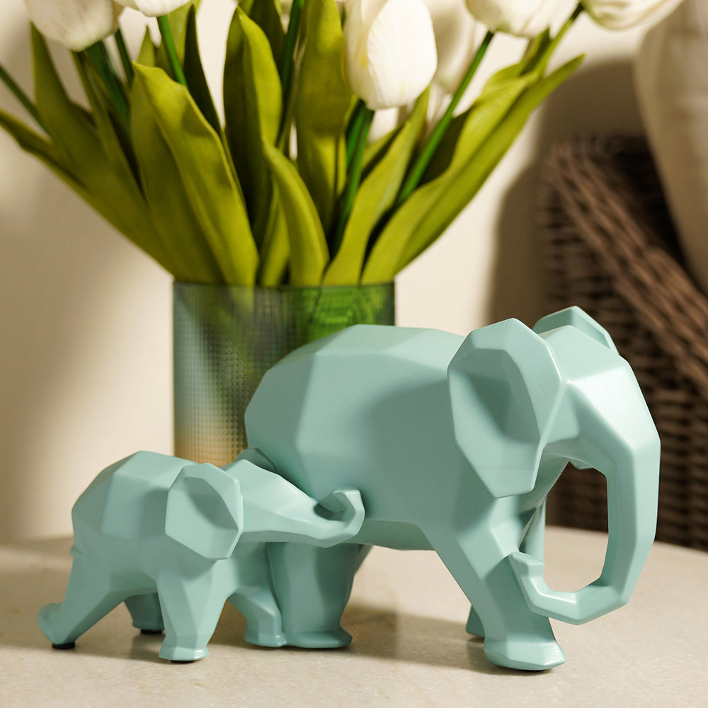 Blue Polyresin Standing Mother & Baby Elephant