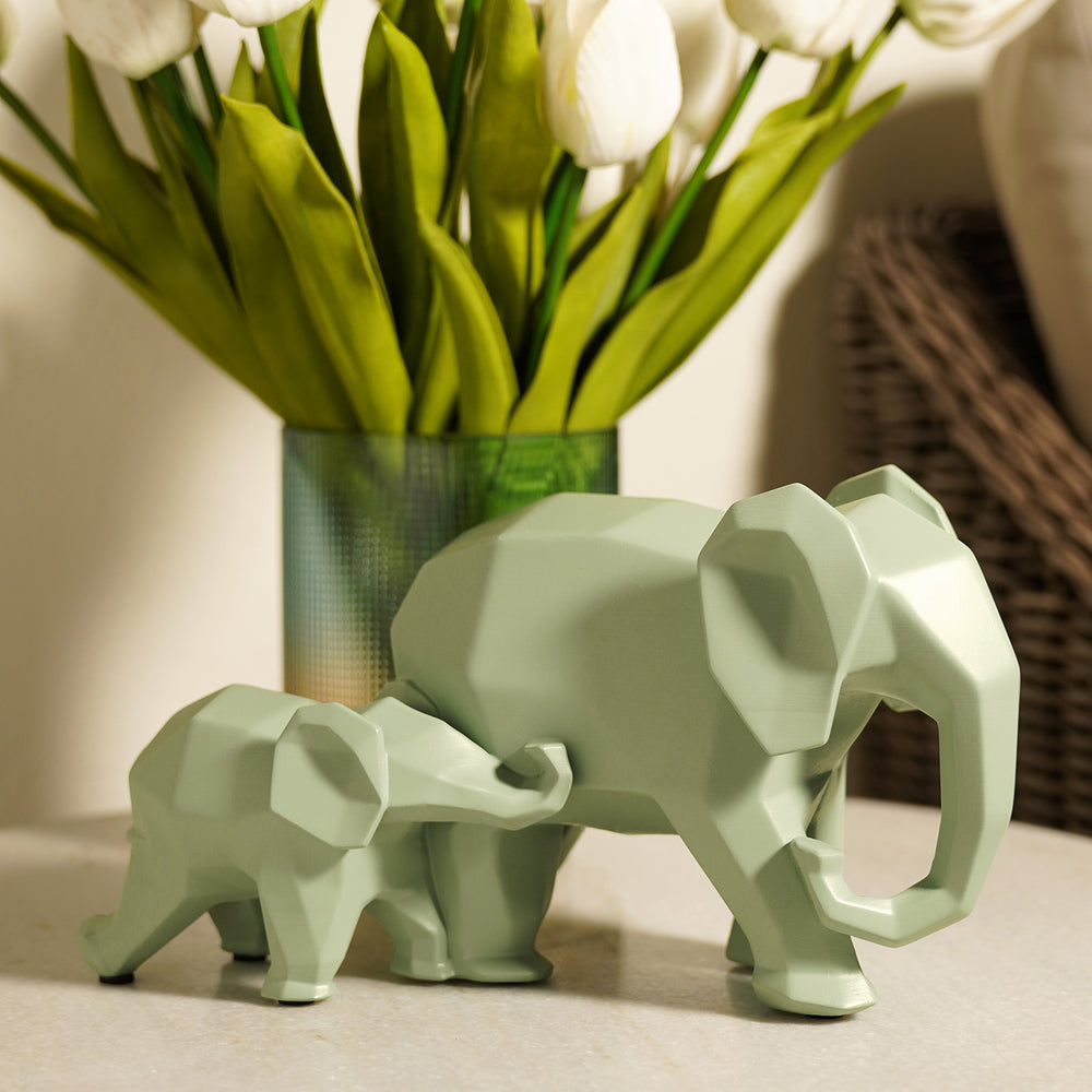 Green Polyresin Standing Mother & Baby Elephant
