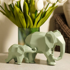 Green Polyresin Standing Mother & Baby Elephant
