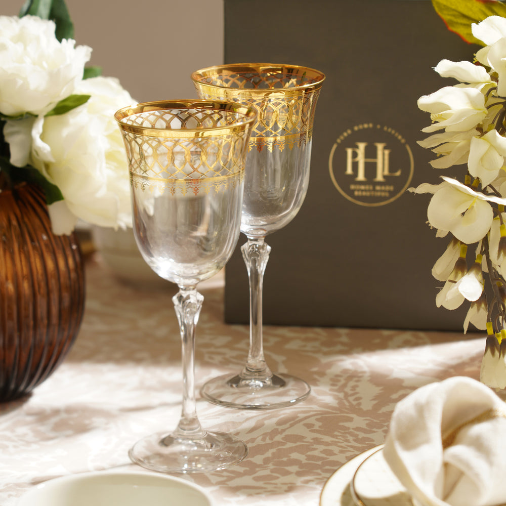 Set of 2 Clear and Gold Wine Glasses