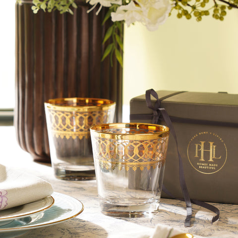 Set of 2 Clear and Gold  Overlay Drinking Glasses