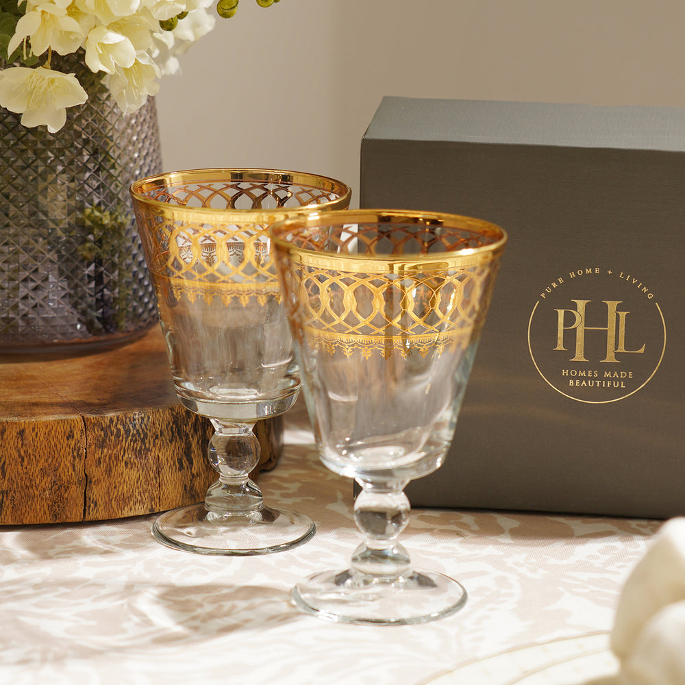 Set of 2 Clear and Gold Wine Glasses
