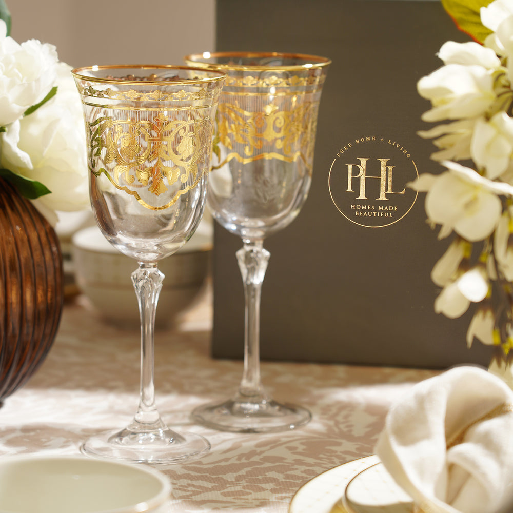 Set of 2 Clear and Gold Wine Glasses