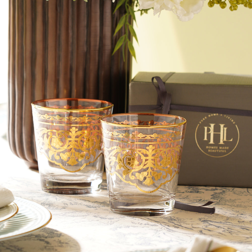 Set of 2 Clear and Gold Rim Drinking Glasses