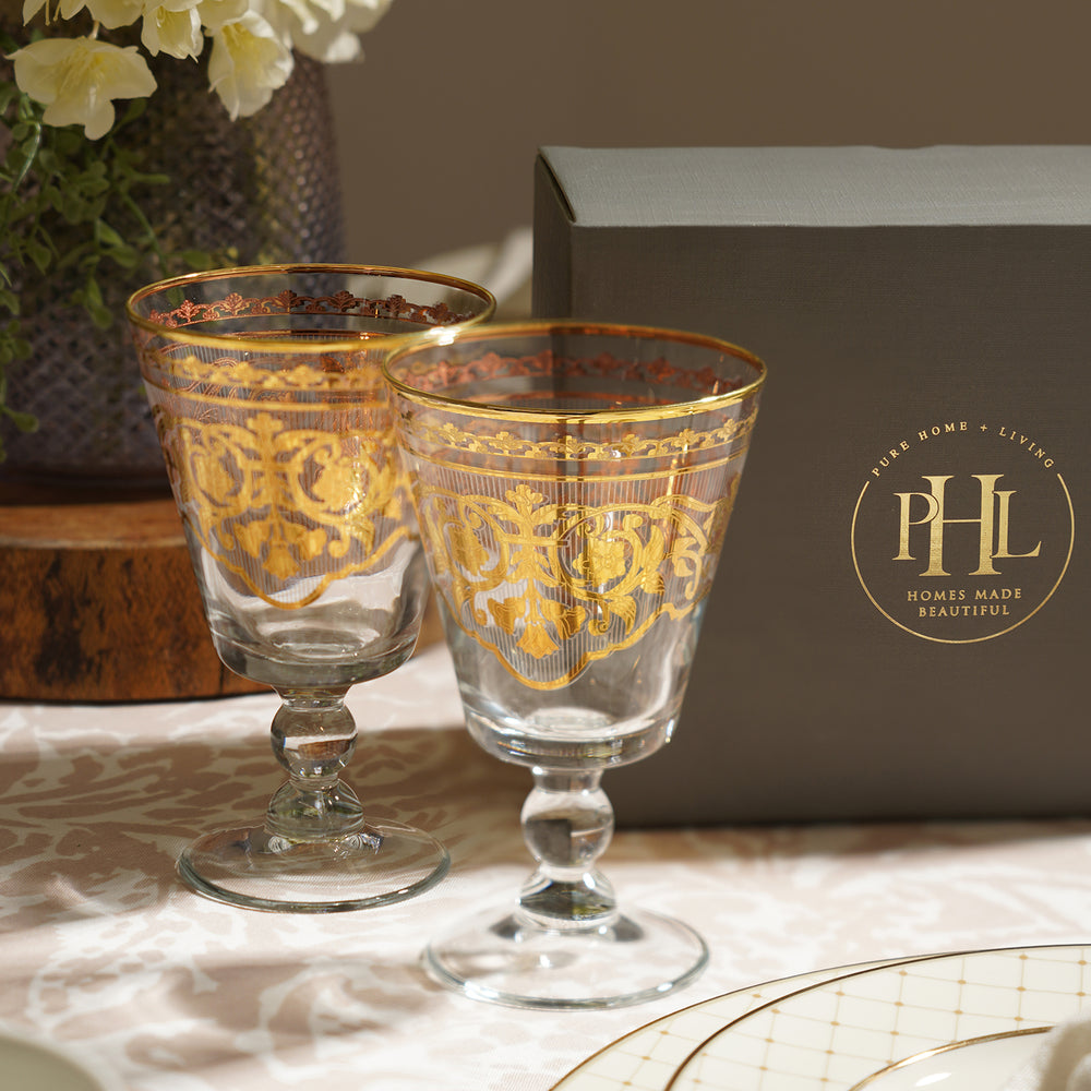 Set of 2 Clear and Gold Wine Glasses