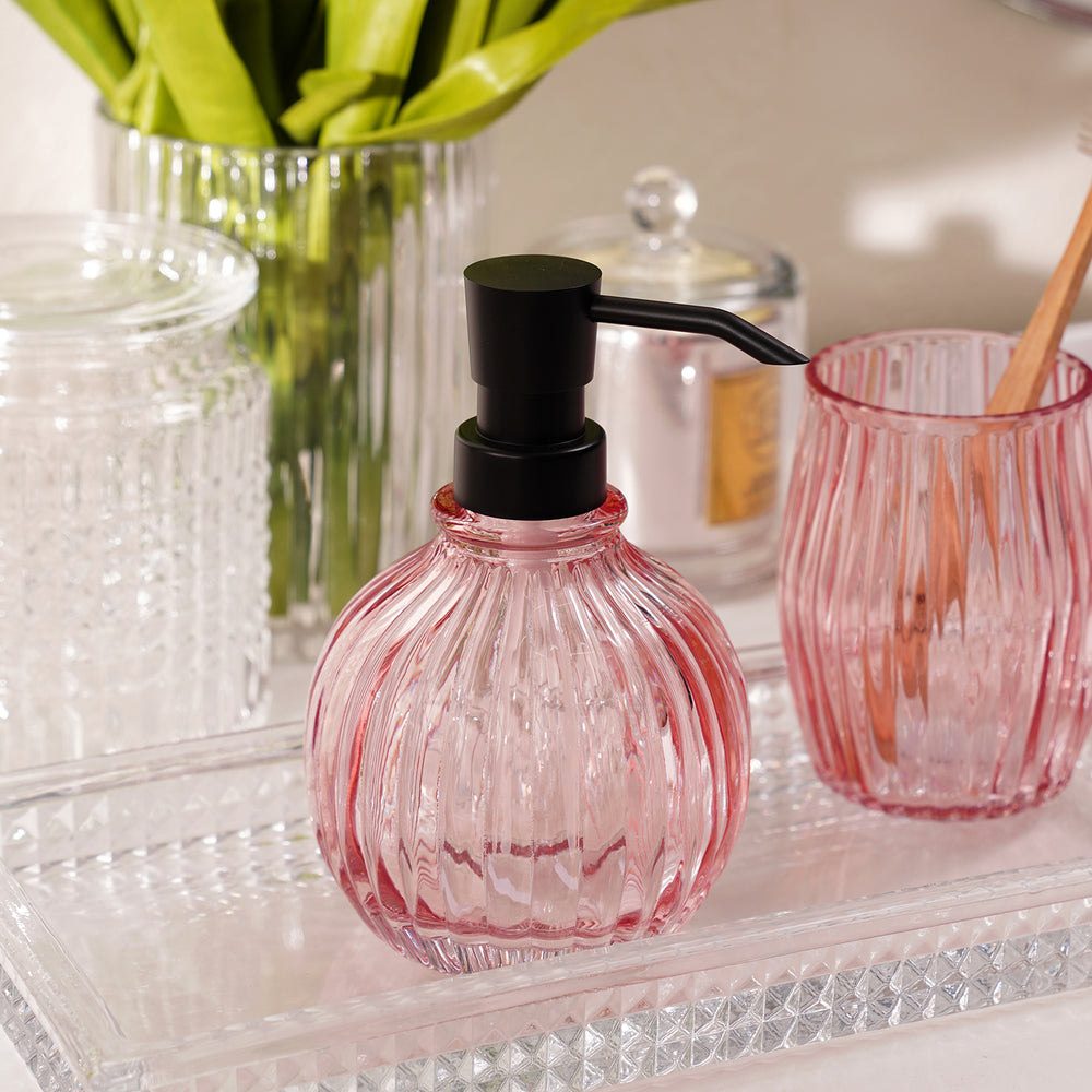Pink Ribbed Glass Soap Dispenser