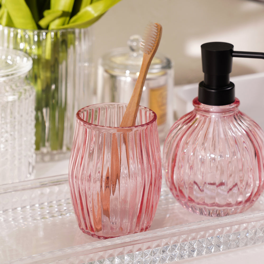 Pink Ribbed Glass Toothbrush Holder