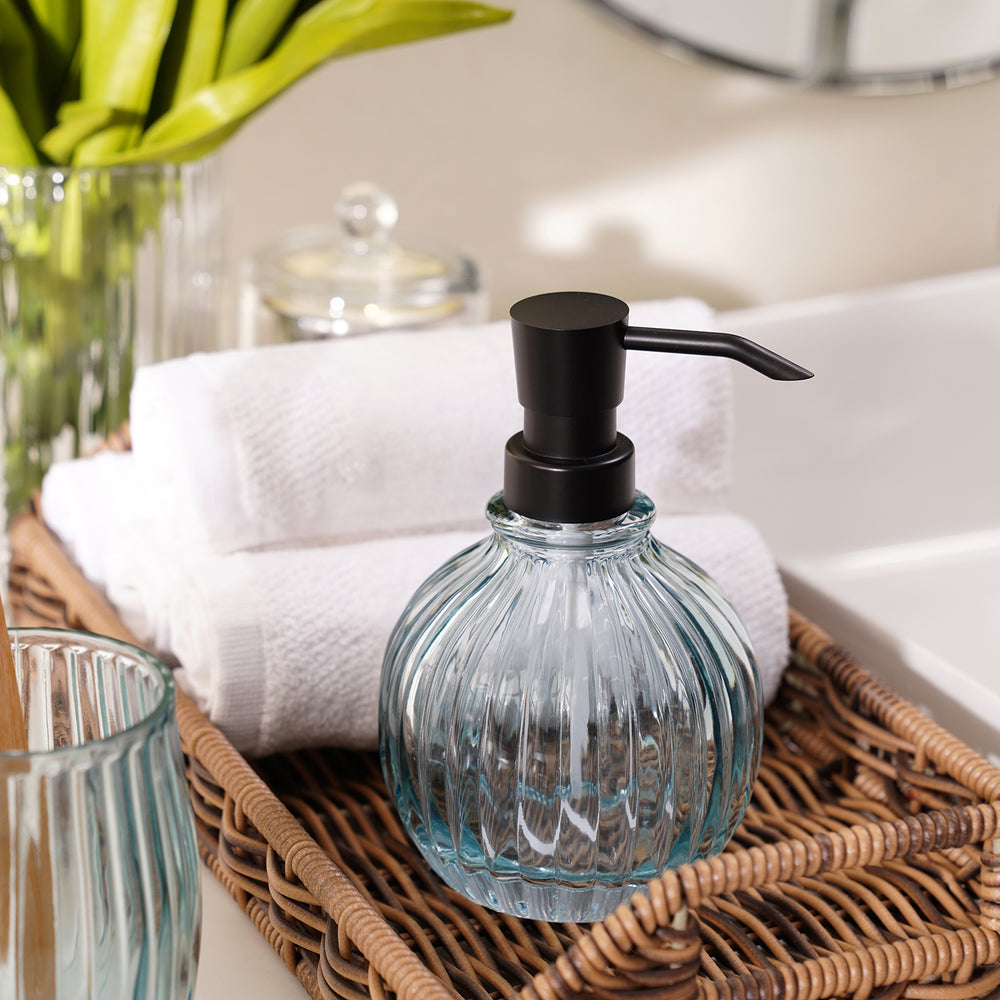 Blue Ribbed Glass Soap Dispenser