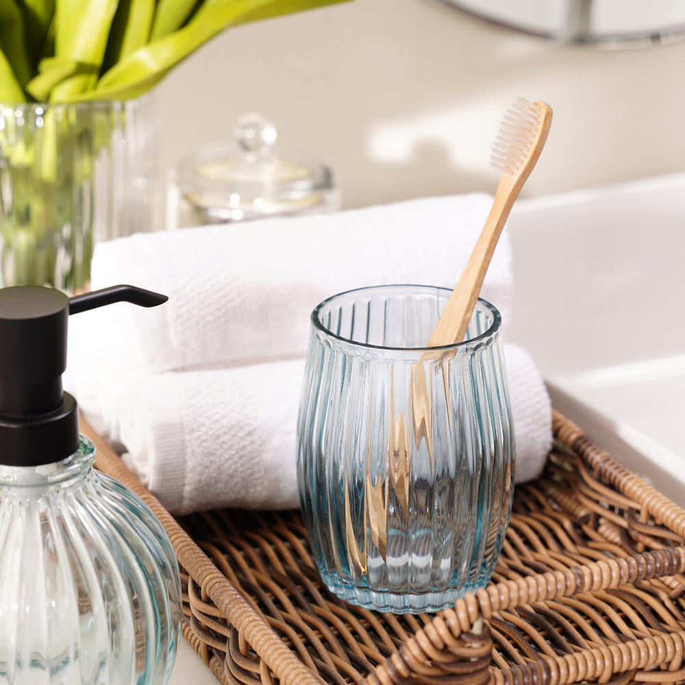 Blue Ribbed Glass Toothbrush Holder