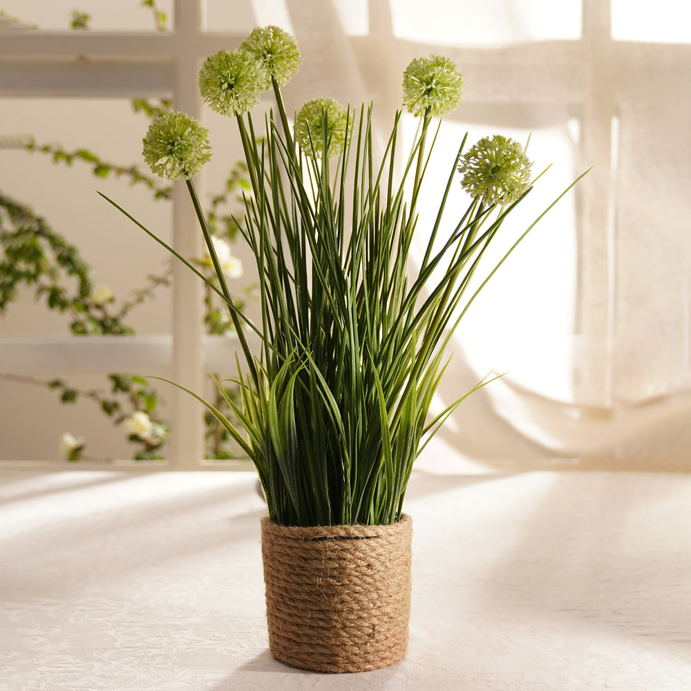 Green Artificial Onion Flower with Rattan Basket