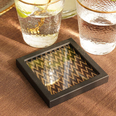 Set of 2 Black Glass Printed Faux Leather Coasters