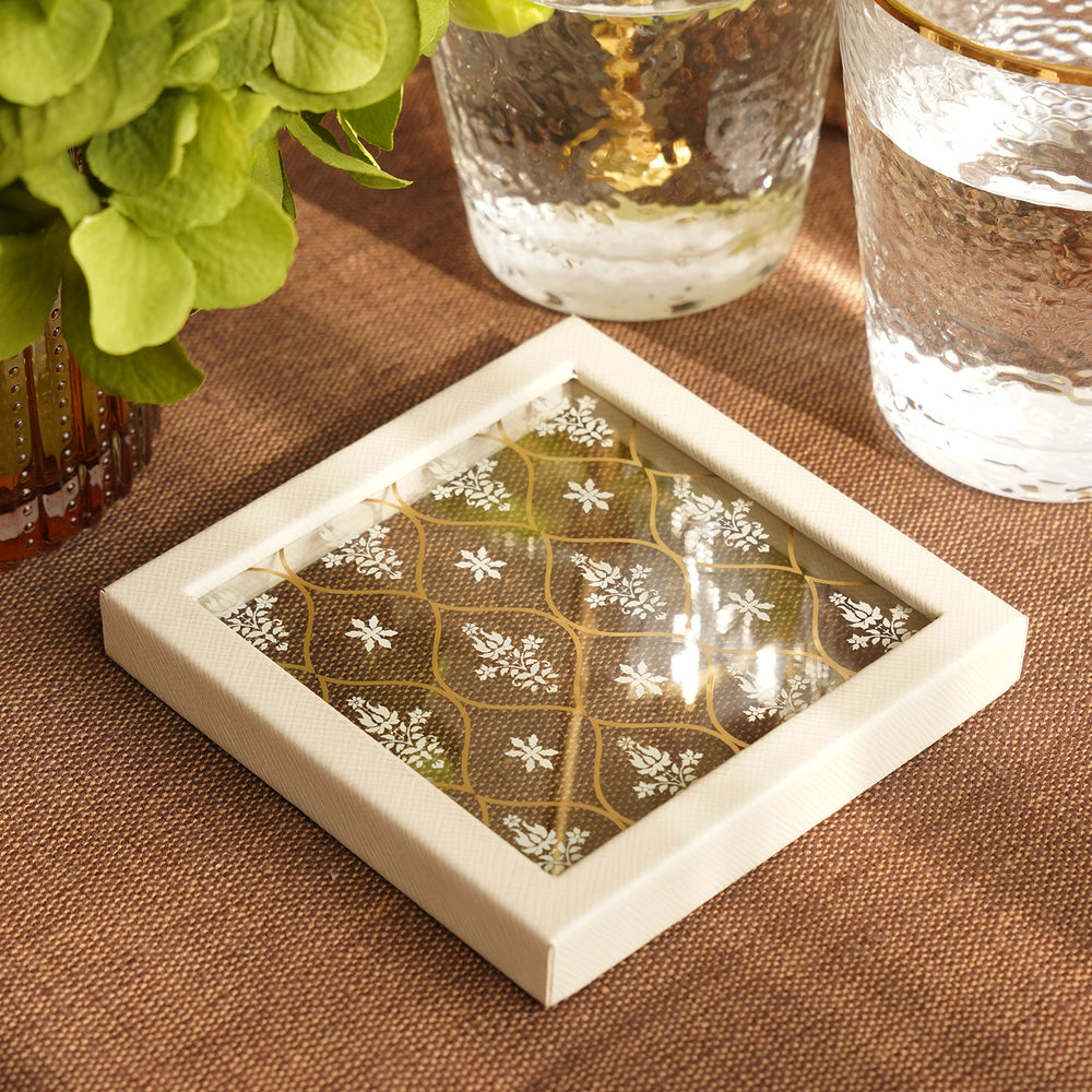 Set of 2 Creme Glass Printed Faux Leather Coasters
