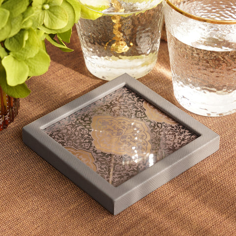 Set of 2 Grey Glass Printed Faux Leather Coasters