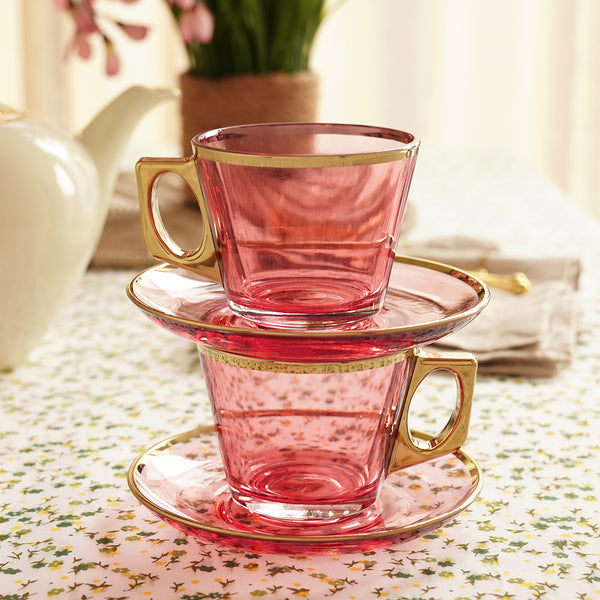 Set of 2 Light Pink Straight Glass Gold Rim Tea Cups & Saucers