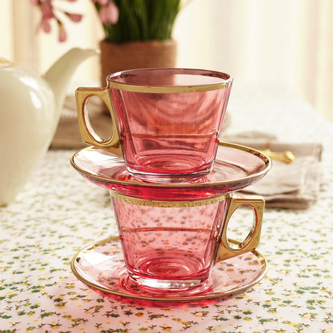 Set Of 2 Pink & Gold Rim Glass Tea Cups & Saucers
