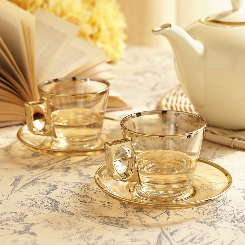 Set of 2 Gold Rim Glass Tea Cups & Saucers