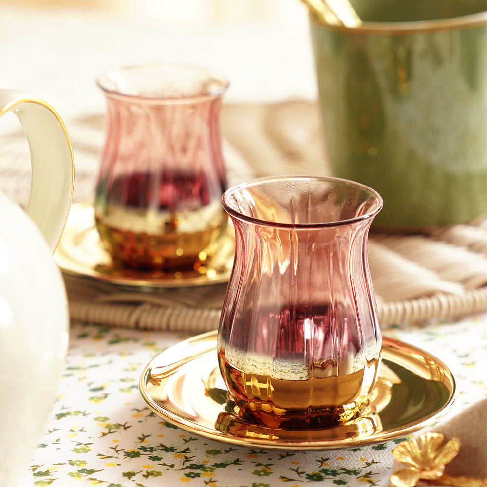 Set of 2 Light Pink Gold Rim Kahwa Cups & Saucers