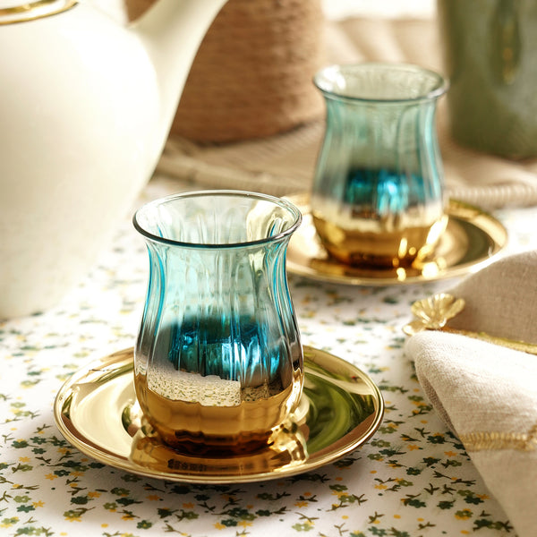 Set of 2 Light Blue Gold Rim Kahwa Cups & Saucers