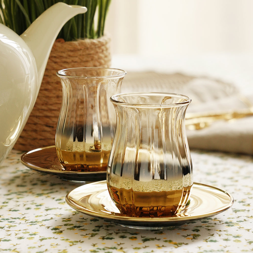 Set of 2 Light Gold Gold Rim Kahwa Cups & Saucers