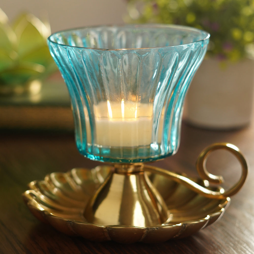 Blue Ribbed Glass Votive with Metal Base and Handle